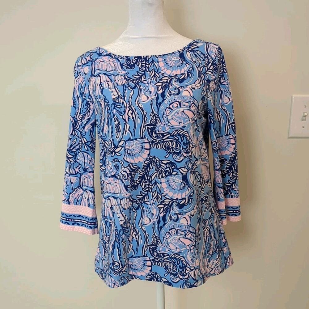 Lilly Pulitzer Waverly S 3/4 Sleeve Beach Blouse Top Horseshoe Bay Blue Preppy